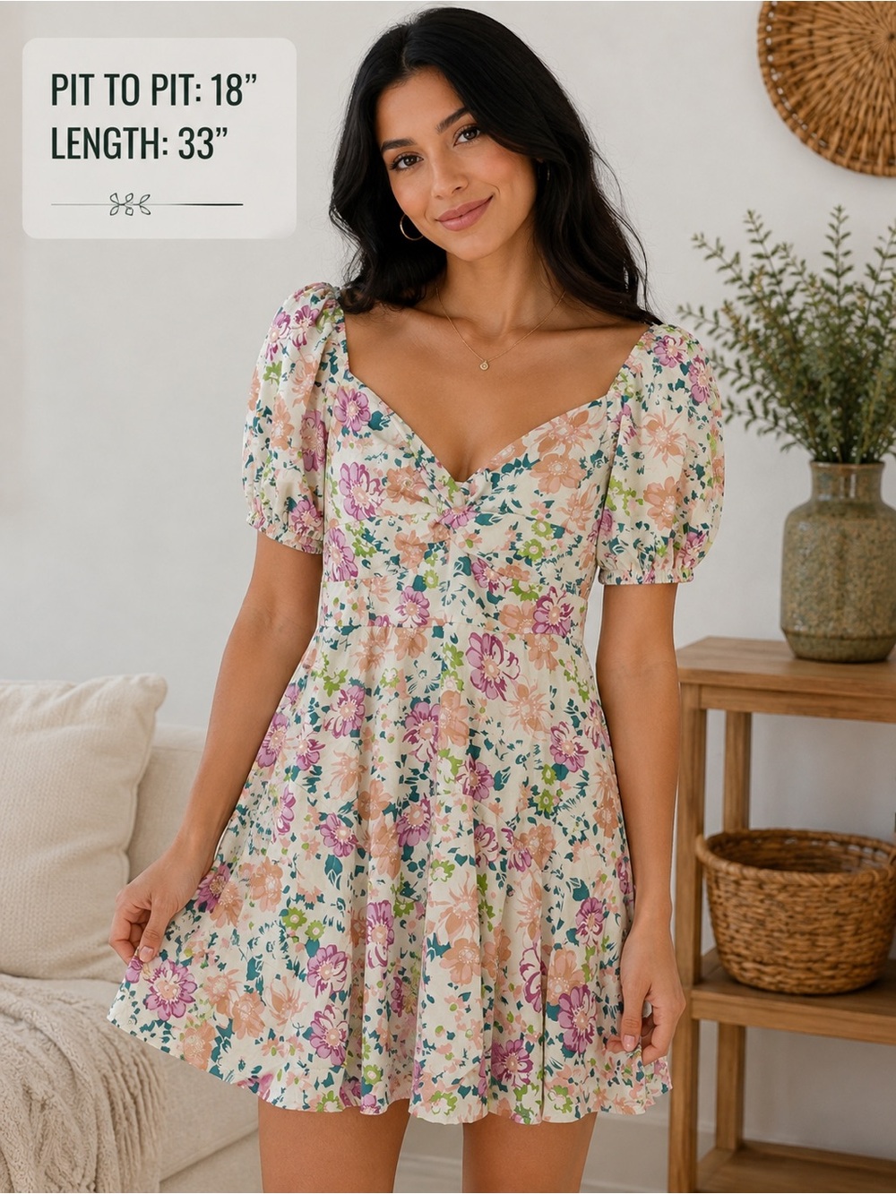 Floral Puff Sleeve Mini Dress in Cream and Pink